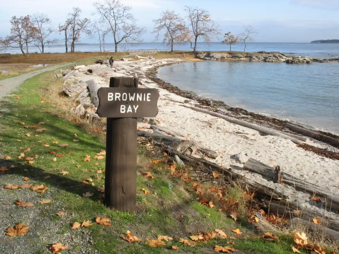 Photo showing Brownie Bay on Saysutshun with a vintage (now removed) BC Parks wooden sign