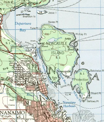 Detail of historic 1955 map showing location of Newcastle Island in Nanaimo BC
