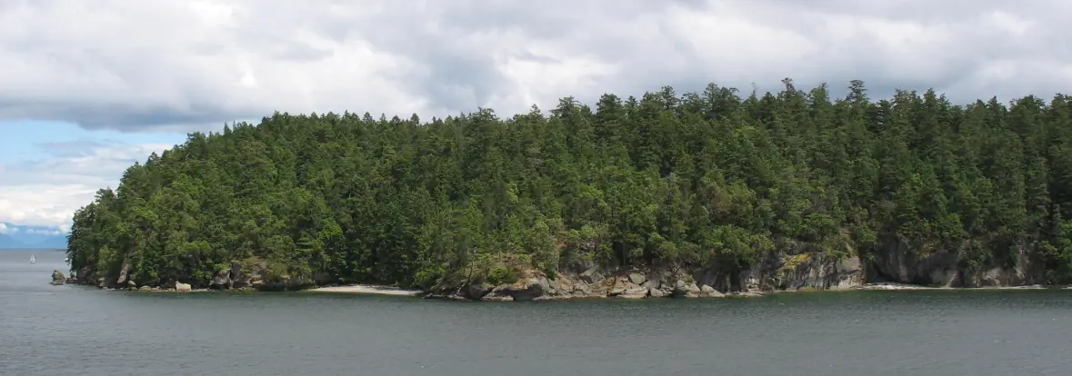 Photo showing a long shoreline on Saysutshun (Newcastle Island) with Sunset Beach
