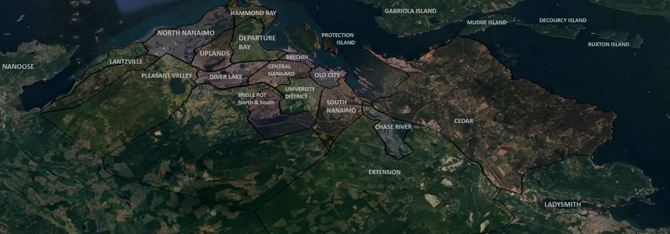 Satellite image showing neighbourhood names from Ladysmith, Nanaimo and Parksville and surrounding islands. 