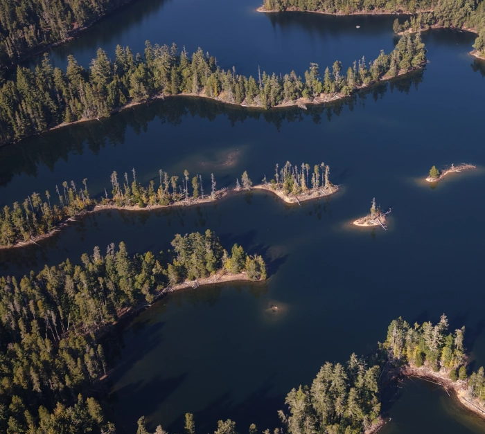 Aerial photo showing ribbons of land undulating across a dark lake